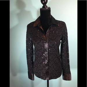 🆕 Andrea Behar NWOT Black Lace Sequin Blouse S